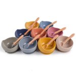 Direct selling baby bowl spoon silicone tableware children wooden handle silicone spoon children suction cup bowl baby silicone bowl