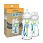 Dr. Brown's Natural Flow Anti-Colic Options+ Wide-Neck Glass Baby Bottle 9oz-270mL, with Level 1 Slow Flow Nipple, 0m+, 2-Pack