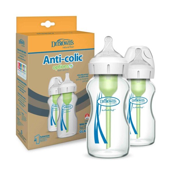 Dr. Brown's Natural Flow Anti-Colic Options+ Wide-Neck Glass Baby Bottle 9oz-270mL, with Level 1 Slow Flow Nipple, 0m+, 2-Pack