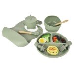 Dumo children's tableware silicone divided dinner plate bib fork spoon baby food bowl water cup baby feeding tableware eight-piece set