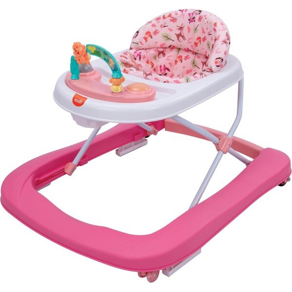 Moon Stride Height Adjustable Walker with Music-Food Tray and Toys Play Tray for 6-18 Months Kids, Rose Pink