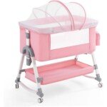 Soobaby 3 in 1 Baby Bassinet, Rocking Bassinets Bedside Sleeper with Comfy Mattress and Wheels, Height Adjustable Easy Folding Portable Bedside Crib for Newborn Infant,Pink