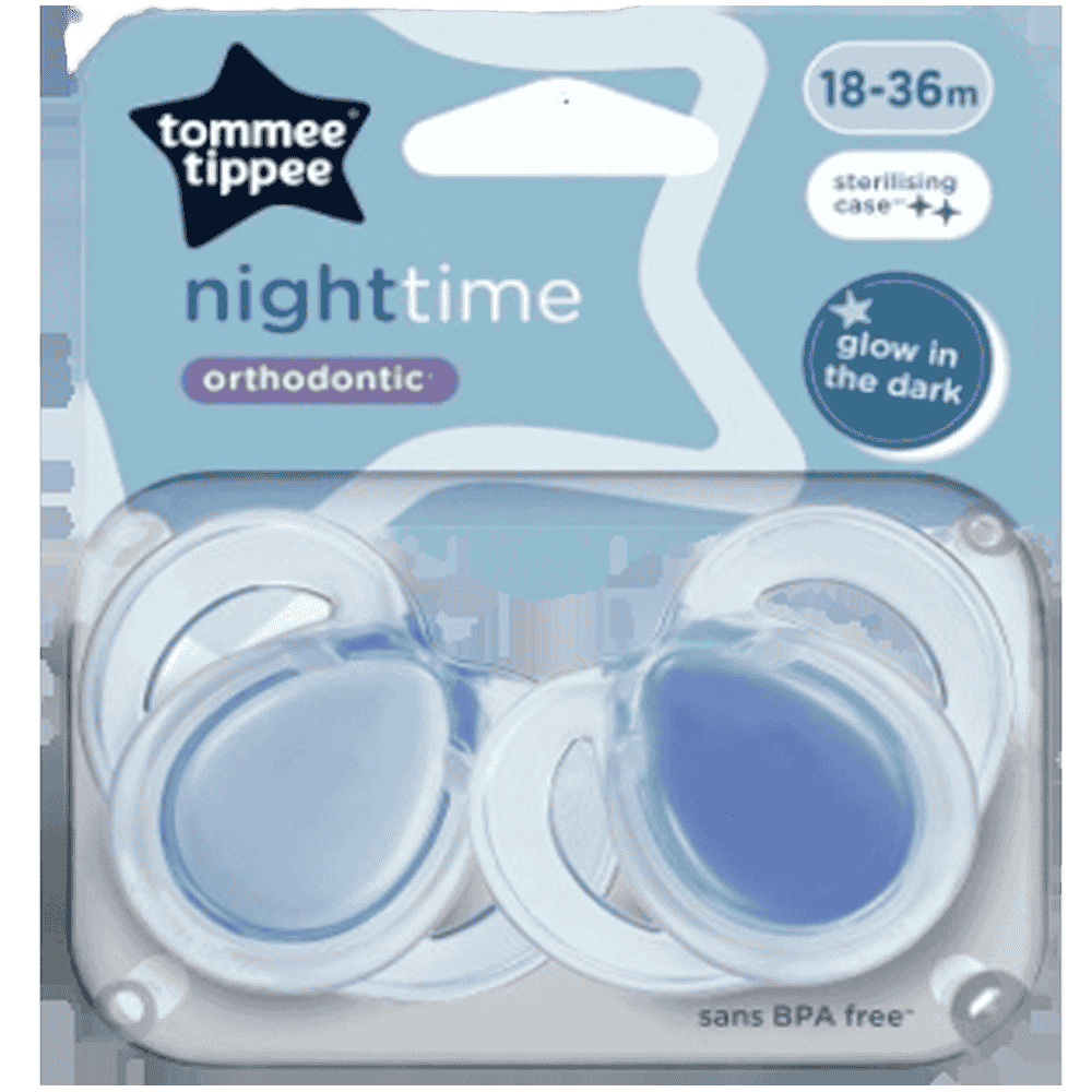 Tommee Tippee Nighttime Soother, 18-36 Months, 2 Pack of Glow in The Dark Soothers with Reusable Steriliser Pod, Assorted Colours