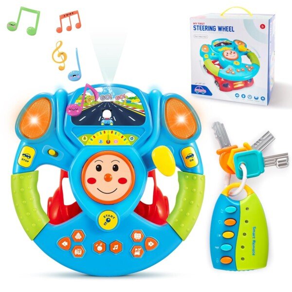 deAO Kids Steering Wheel Toy with Light & Sound, 360° Rotation Driving Simulated Toy Set Included Car Key, Portable Pretend Driving Play Toy Steering Wheel Early Learning Educational Toys for Kids