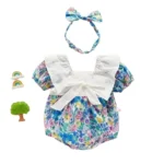 Buy Girl Romper Style Suit with Headband – Blue Multicolor & White Bow online