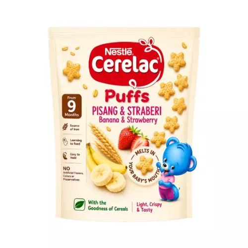 Buy Nestle Cerelac Banana & Strawberry Puffs 50g for babies aged 9+ months. A light, tasty snack with banana and strawberry flavor for little hands.
