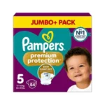 Buy Pampers Premium Protection Baby Diapers Size 5 (11-16kg) 54 Pcs. Ultra-soft belt diapers from the UK for superior comfort, dryness, and skin protection.