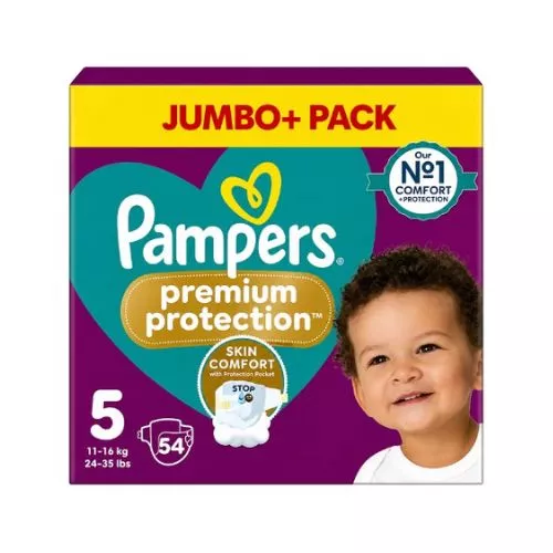 Buy Pampers Premium Protection Baby Diapers Size 5 (11-16kg) 54 Pcs. Ultra-soft belt diapers from the UK for superior comfort, dryness, and skin protection.