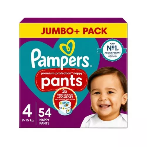 Buy Pampers Premium Protection Pant Size 4 (9-15kg) 54 Pcs. British Skin Foundation approved diaper pants with superior comfort and protection for babies.