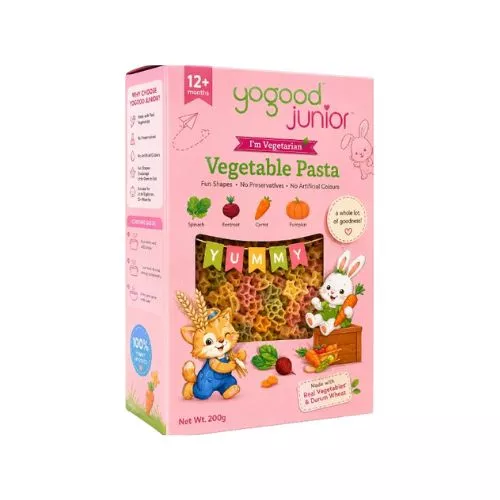 Buy Yogood Junior Alphabets & Numbers Vegetable Pasta 300g with tomato, spinach, red beet, and turmeric. A fun and nutritious pasta made in Malaysia.